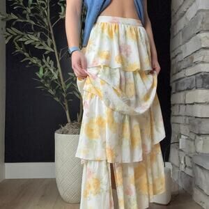 Wayf yellow floral tiered maxi skirt size small